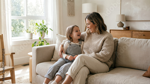 Happy mother and daughter laughing on sofa at home