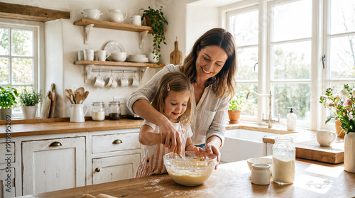 Mother and daughter baking together in country style kitchen