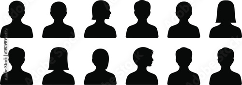 Human avatar silhouette icon set with male and female profile portraits, anonymous user symbols for social media, identity, privacy, and modern interface design projects