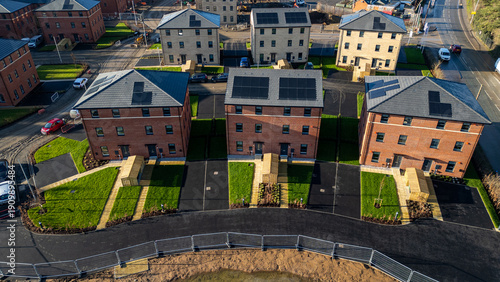 Aerial View of Residential Townhouses with Solar Panels  at Desire by Strata Homes in Leeds, UK.