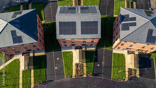 Aerial View of Modern Buildings with Solar Panels  at Desire by Strata Homes in Leeds, UK.