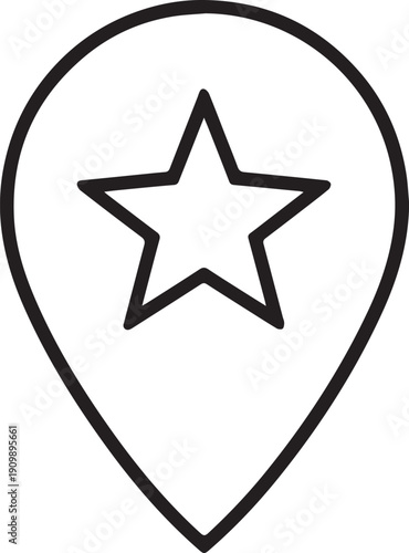 Minimalist, black and white line art of a location pin featuring a star icon, conveying the concept of a favorite location or a top destination.