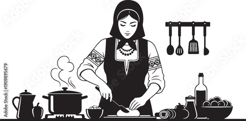 Silhouette of a woman in traditional clothing and headscarf, cooking in a rustic kitchen, chopping ingredients with a knife amidst steaming pots and utensils.