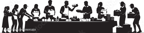 Silhouette illustration of a food bank or charity distribution line, volunteers handing out boxes of food, bread, and produce to people in need.