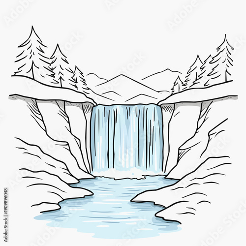 Sketch of waterfall cascading down rocky cliffs surrounded by trees  