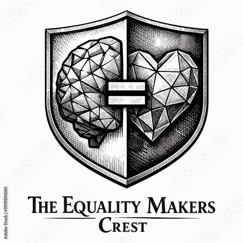 Detailed Equality Makers Crest featuring heart and brain balanced on shield, symbolizing unity, fairness, intellect, compassion, and the harmony of logic and emotion in creativity