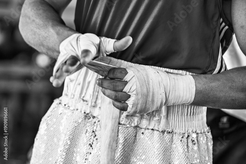 Boxer Wrapping Hands Before Fight Black and White Photo