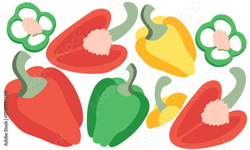 set of pepper. set of vegetables. Colorful bell pepper collection with whole and sliced vegetables