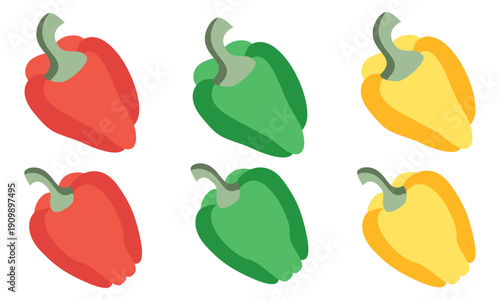 Bell pepper vector set in red, green and yellow colors. Set of peppers