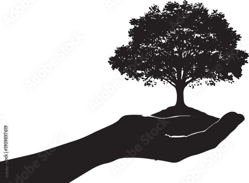 Silhouette of a hand nurturing a small tree growing on a mound of earth, representing growth, nature, environmental care, and hope for the future.