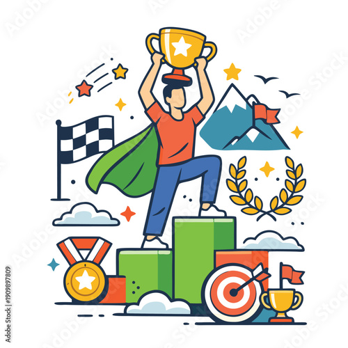 A victorious superhero celebrates success raising a golden trophy amidst encouraging symbols of achievement high-quality