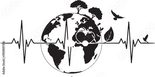 World map silhouette superimposed with a vibrant heartbeat EKG line passing through a heart and leaf, symbolizing life, love for the planet, and ecological health.