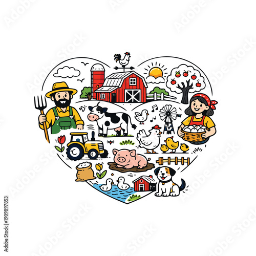 A colorful heart shaped illustration depicting a vibrant and wholesome farm life scene high-quality professional