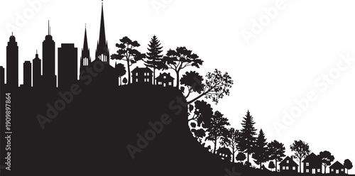 Silhouette cityscape blending modern skyscrapers and traditional houses nestled among trees on a sloping hill, representing urban development and nature's integration.