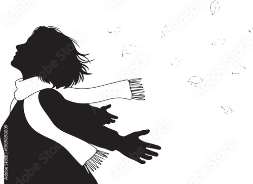 Silhouette of a woman with arms outstretched and head tilted back, enjoying the wind and falling leaves, conveying freedom, joy, and seasonal change.