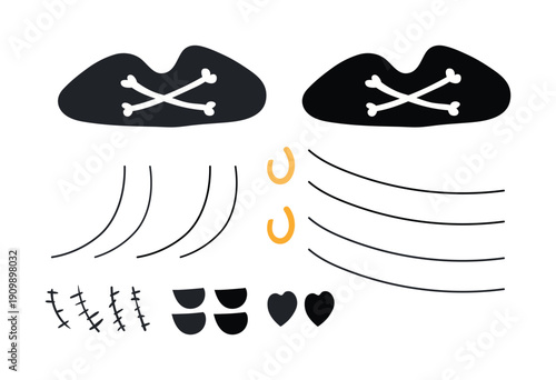 Pirate tricorne hat, eye patch, earring, scar, costume accessory isolated illustration collection. Kids nautical clip art set, design element. Hand drawn flat vector on transparent background