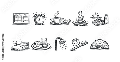 Daily routine chalk icon set. morning activities, relaxation, wellness outline illustrations