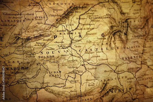 Central Spain antique french map, featuring Madrid, Toledo, and New Castile. Vintage cartography with aged paper texture and historical regions, circa 1880.