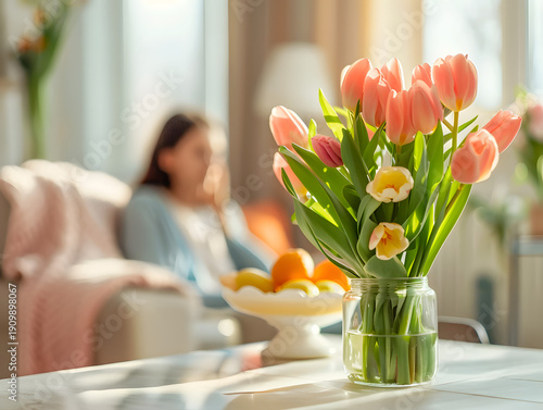 Pink tulips and yellow flowers in a glass vase on a coffee table with a blurred woman sitting on a couch in a bright, cozy living room setting