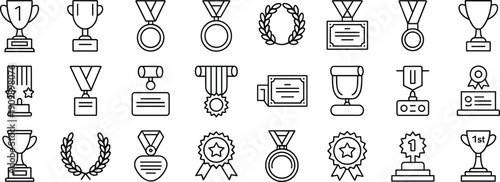 Outline award and achievement icon set with trophies, medals, certificates, laurel wreaths, and winner badges for success, competition, and business recognition design projects