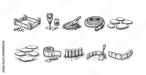 Gardening and landscaping outline icon set: tools, plants, soil preparation