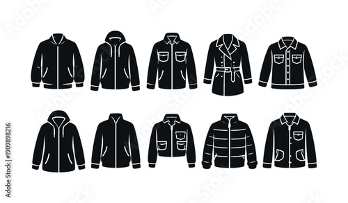 Clothing solid icon set. jackets, coats, outerwear icons solid collection