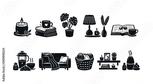Cozy home silhouette icon set. living, decor elements collection in silhouette style