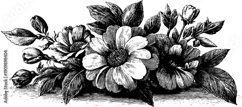 Vintage botanical flower bouquet sketch - side view design for decoration and study