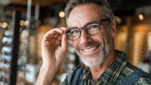 Caucasian mature male smiling with glasses in optician store