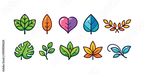 Nature and botany icon set. colorful filled icons for floral and leaf designs