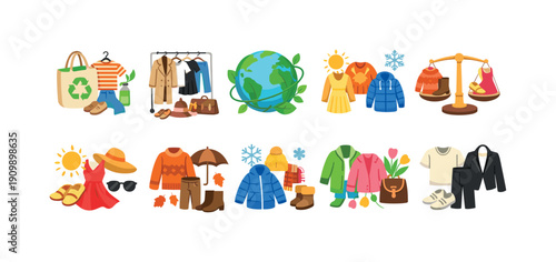 Seasonal clothing outline icon set: spring, summer, autumn, winter apparel icons collection