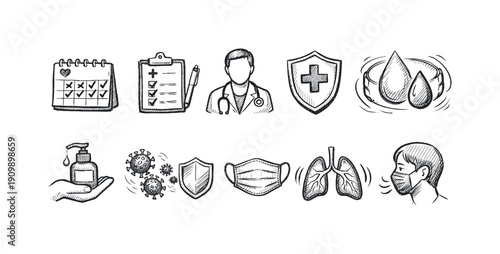 Medical and health chalk icon set: safety, hygiene, and protection chalk collection