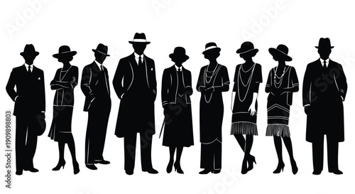 Black silhouettes of vintage people wearing 1920s fashion style