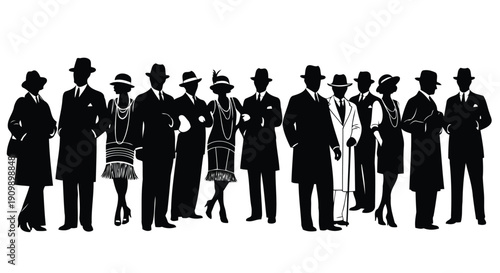 Roaring twenties silhouettes of men and women in retro party attire