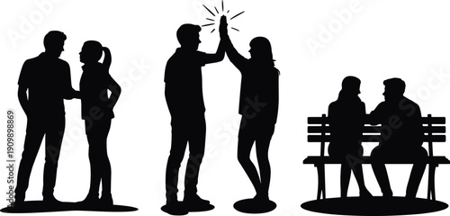 People silhouette illustration showing friendship, teamwork, high five celebration, and couple conversation, modern black vector scene for social interaction and lifestyle graphic design projects