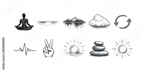 Zen meditation silhouette icon set. yoga, nature, peace icons collection in silhouette style