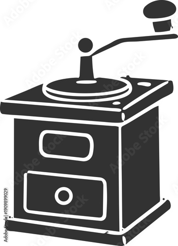 A simple black silhouette illustration of a vintage manual coffee grinder with a hand crank is shown