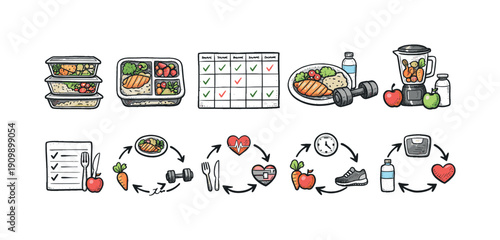 Meal prep outline icon set: nutrition, fitness, and health symbols for planning