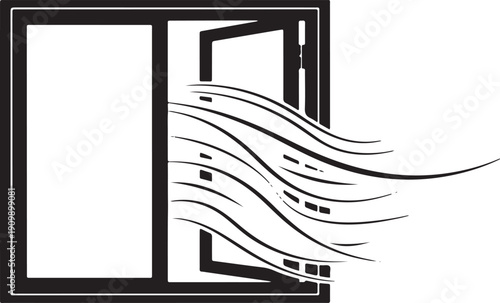 Open window silhouette with stylized wind gusts blowing inward, symbolizing change, fresh air, or an open opportunity.