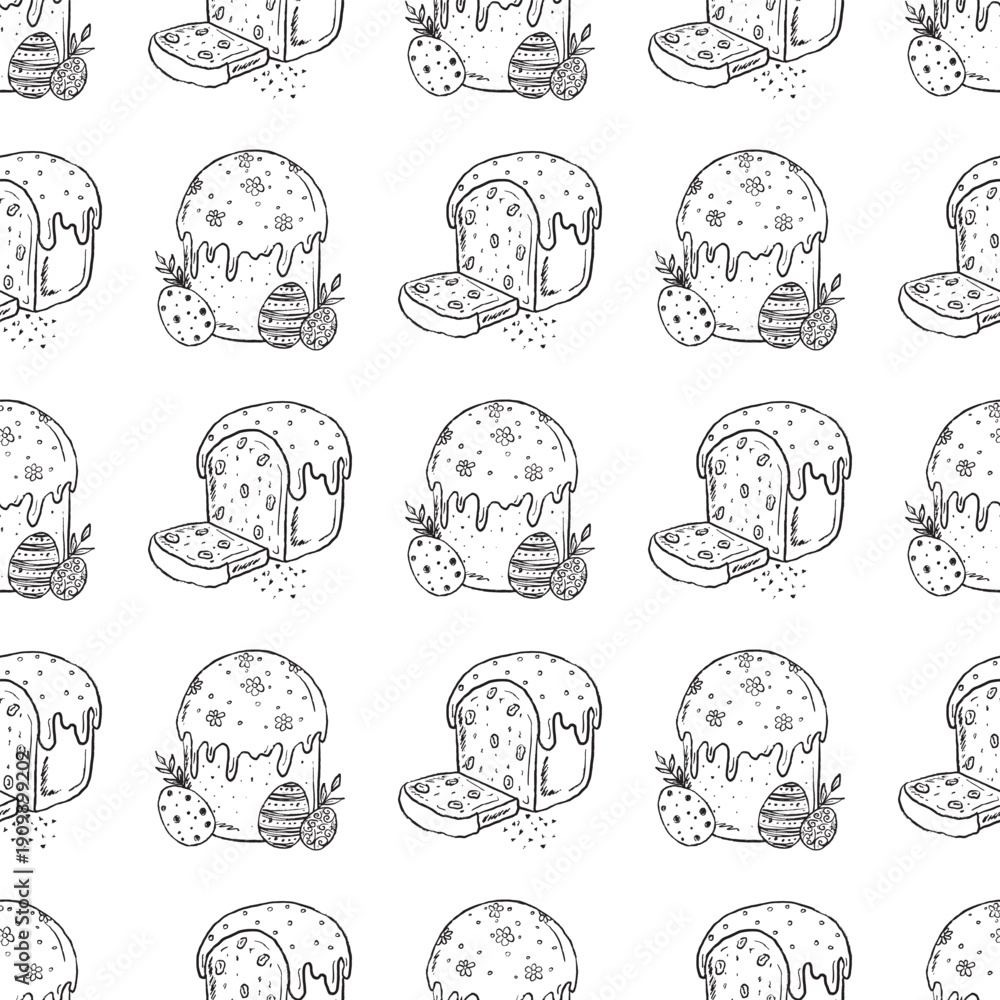 Fototapeta premium Hand drawn seamless pattern with Easter cake and decorated eggs. Vector sketch illustration in vintage doodle crayon charcoal style