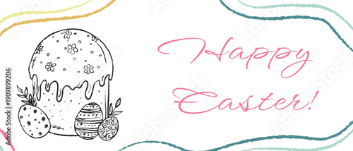 Hand drawn Easter cake with icing, eggs, and leaves, framed by pastel brushstroke borders and greeting text. Vector sketch illustration in vintage crayon charcoal style.