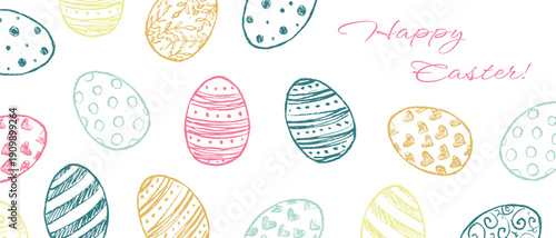 Hand drawn Easter banner. Pastel colored easter eggs design. Spring party invitation, greeting card. Vector sketch illustration in vintage crayon charcoal style