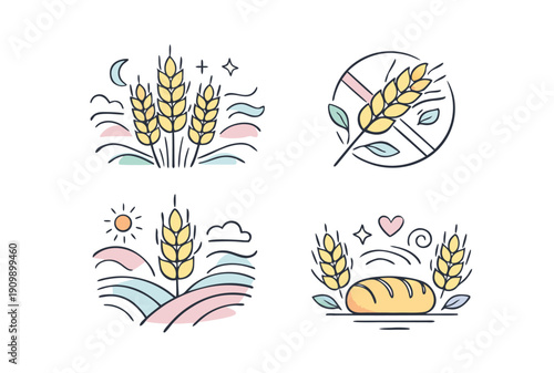 Illustrations depicting wheat gluten free symbols and baked goods in a colorful linear style high-quality