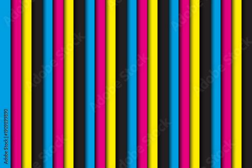 Vertical CMYK stripe pattern background with neon glow and soft shadows. Vector abstract wallpaper