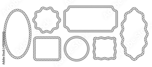 Nautical rope frame set with oval, rectangular and round shapes, cord and thread texture, flat vector vignettes for photos, pictures, labels and marine design on white