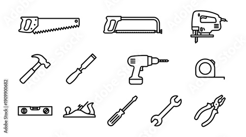 Collection of carpentry and woodworking tool line icons featuring a hand saw, hammer, power drill, screwdriver, wrench, pliers, and spirit level. Minimalist black outline icons for DIY and repair.