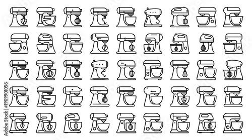 Large Collection of Minimalist Kitchen Stand Mixer Icons in Black and White Line Art Style; Professional Vector Set of Baking Appliances, Food Processors, and Culinary Tools for Graphic Design.