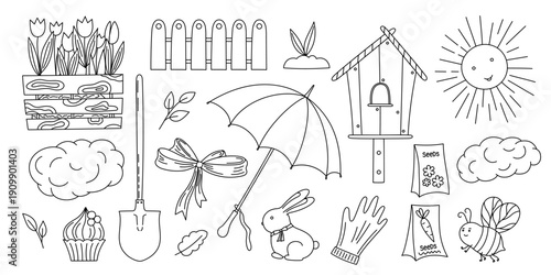 Spring decorative elements set, collection of outline hand drawn simple objects seasonal cottagecore illustration bow, gloves, spade, umbrella, flowers, bunny, seeds, bird house, clouds, sun