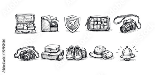 Travel photography outline icon set. camera, luggage, travel gear outline icons collection