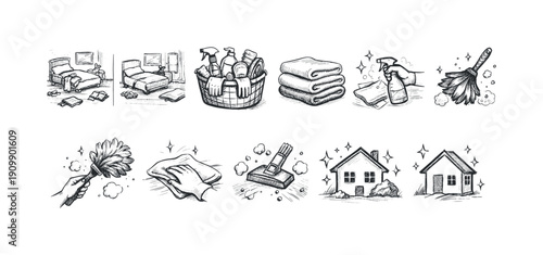 Housekeeping, cleaning solid icon set. home maintenance, hygiene symbols collection